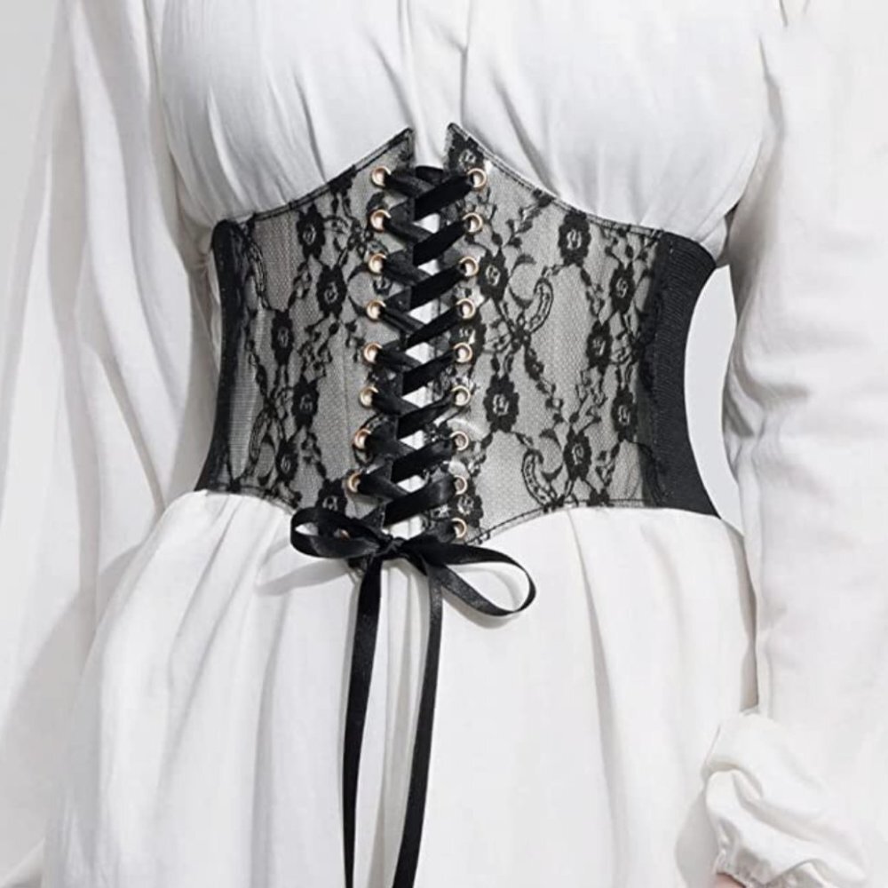 Black Floral Lace PVC‎ Lace Up Corset Elastic Wide Waistband Belt Girdle - Picture 6 of 9